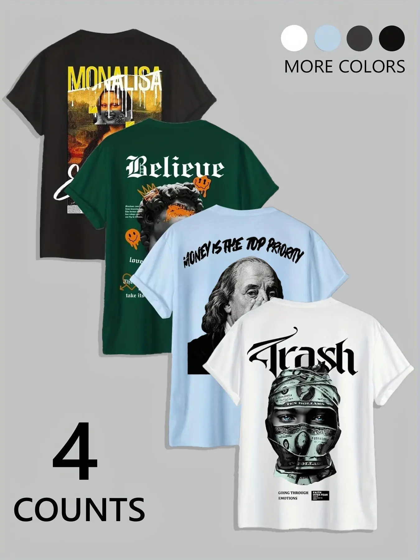 Men's Plus Size Round Neck Short Sleeve Print T-Shirt Set, Top, Casual Fashion Classic Stylish Streetwear Street Style, Loose Fit, Ultra Comfortable, 4 Pieces, Trendy Summer Tee, Menswear