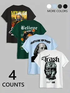 Men's Plus Size Round Neck Short Sleeve Print T-Shirt Set, Casual Fashion Streetwear Street Style, Loose Fit, Ultra Comfortable, 4 Pieces
