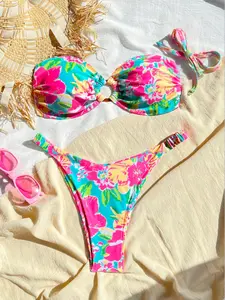 2026 Women’s Colorful Tie-Dye Strapless Bikini Set, Removable Straps and High-Waisted Thong, Perfect for Beach and Pool Parties