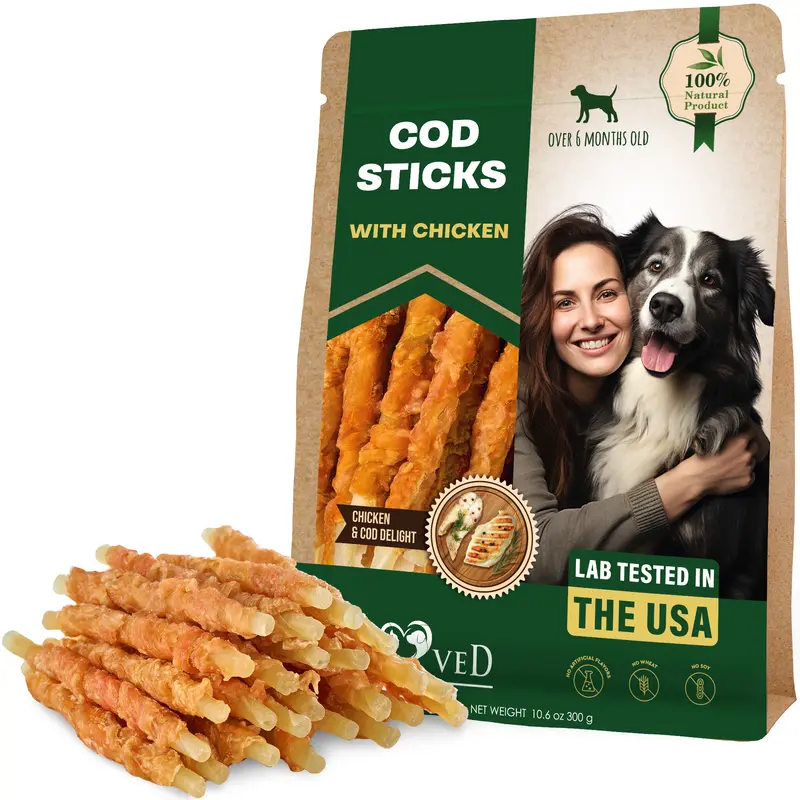 Beloved Pets Natural Chicken-Wrapped Cod Sticks Dog Treats - Rawhide-Free Safe, Fish-Based, Gluten-Free, 24-Month Shelf Life, Dental Support, Long-Lasting Chews for Large/Small All-Age Dogs, Puppy Snacks