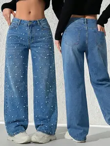 Spring New Women's Denim Jeans, Elastic Washed Trendy Wide Leg Comfortable Fashion, Pearl Craft Long Pants for All Seasons