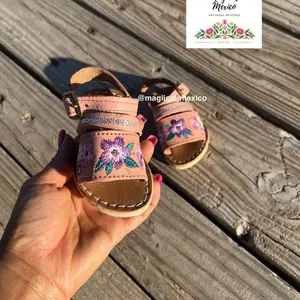 Mexican Huaraches Pink Color Embroidered Open Toes