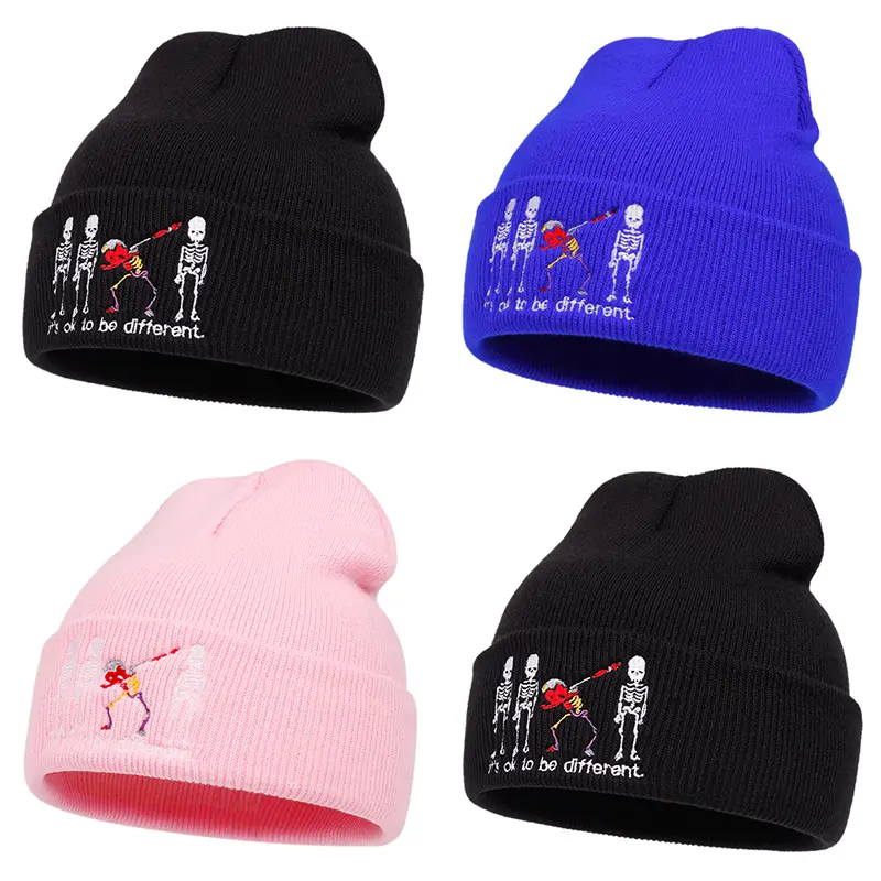 NEW HATS Skeleton embroidery Beanie Hat Everyday Wear Keep Warm Durable Knitted Hat Hip Hop Skullcap Brimless Cap