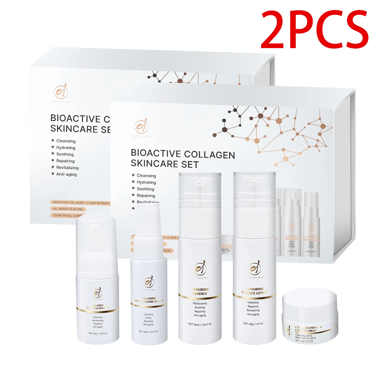 Unisex 5-Piece Collagen Anti-Aging Total Care Kit - Facial Repair, Travel Size Hydrating Routine with Cleansing, Serum, Firming Cream, Collagen Mist Boost, for All Skin Types, Acne Prone, Gift Set