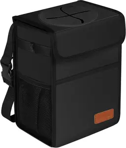 Leak Proof Car Trash Can with Lid - Waterproof Automotive Garbage Bin for SUVs, Collapsible and Portable Car Trash Bag, Black