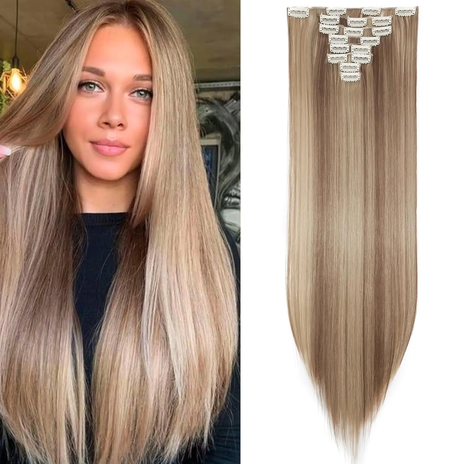 6Pcs Invisible Clip-On Synthetic Hair Extensions, 24" Thick Realistic Hairpieces with Secure Clips, Clip On Hairpieces