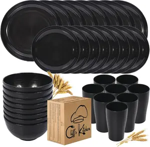 32 Pcs Wheat Straw Dinnerware Sets-Black Dinnerware Sets For 8- Unbreakable Outdoor Camping Dishes With Large Plates, Bowl And Cup Set-BPA Free,Lightweight,Microwave Safe Wheat Straw Plates And Bowls