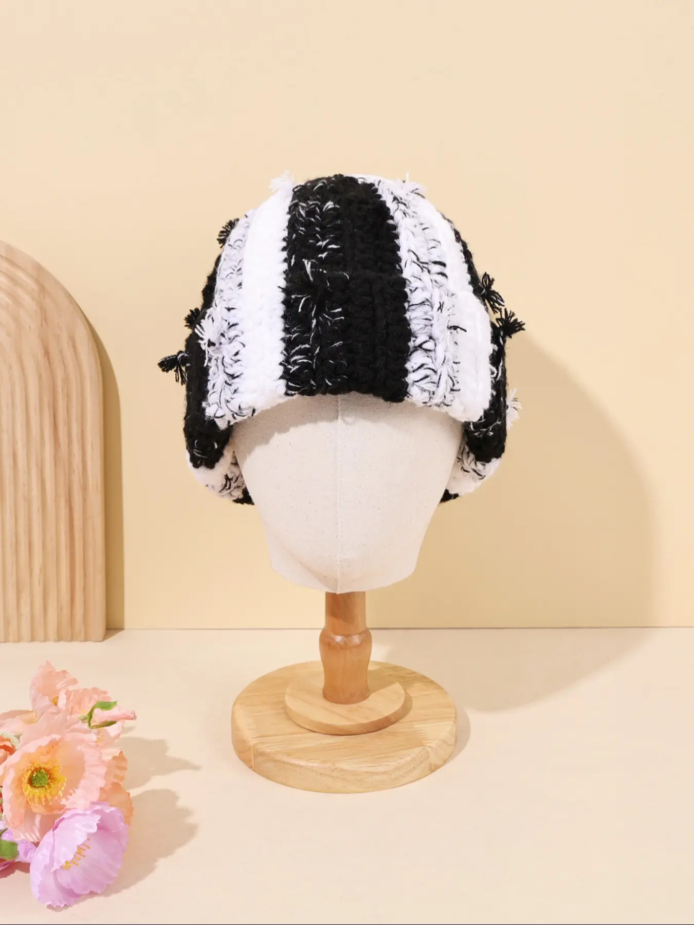 and Striped Knitted Beanie Hat, Unique Tassel Decoration, Fluffy Soft Yarn, Comfortable Winter Headwear, Retro Streetwear Style