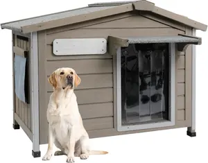 PetsCosset 30.1" L Dog House Outdoor & Indoor,Fir Wood Dog Kennel with Weatherproof Openable Asphalt Roof,Spacious Doghouse