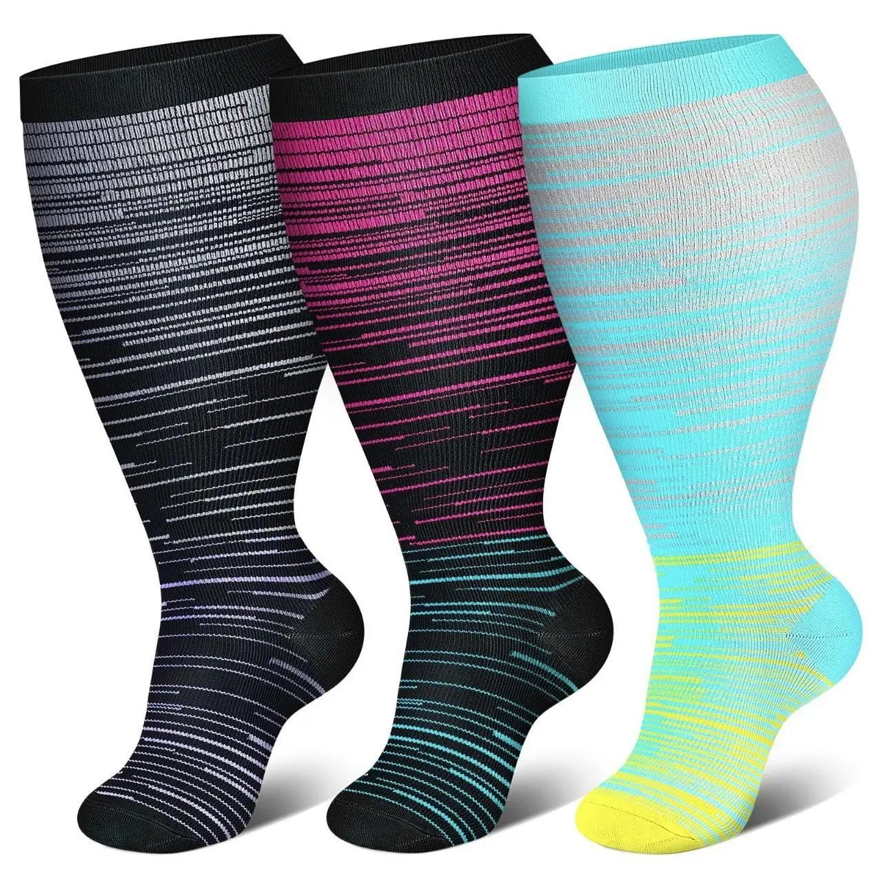 Plus Size Sporty Track Socks for Women, High Compression Striped Breathable Nylon with Anti-Slip Grip for Gym & Running, Breathable Fabric Socks, Plus Size Fashion, Compression Stockings, Gym Training, Grip Helps Prevent Sliding, 2Xl, Fitness Wear, Great,