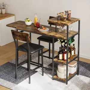 Garvee Expandable Dining Table Set for 2 - Bar Table and Chairs with Storage Shelves & Wine Rack, 3 Piece Space-Saving Small Kitchen Dining Set for Apartments, Living Room - Brown