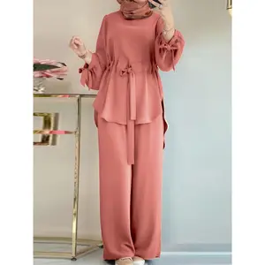 Middle Eastern Muslim Two-Piece Set: Solid Color Drawstring Tie-Up Top and Wide-Leg Pants for Women, Elegant Arabian Outfit with Round Neckline, Modest Fashion, Casual Wear, Stylish Ensemble, Elegant Design, Breathable Material, Lightweight Fabric, Muslim