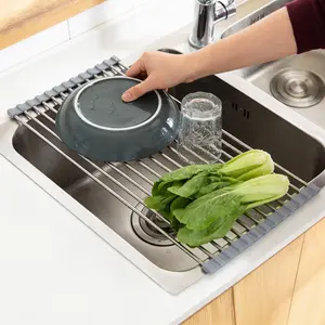 Space Saving Foldable Kitchen Drying Rack Roll-Up Dish Rack for Sink Heat Resistant Stainless Steel & Silicone Multi-Functional Over Sink Dish Mat for Home Travel Apartment Use
