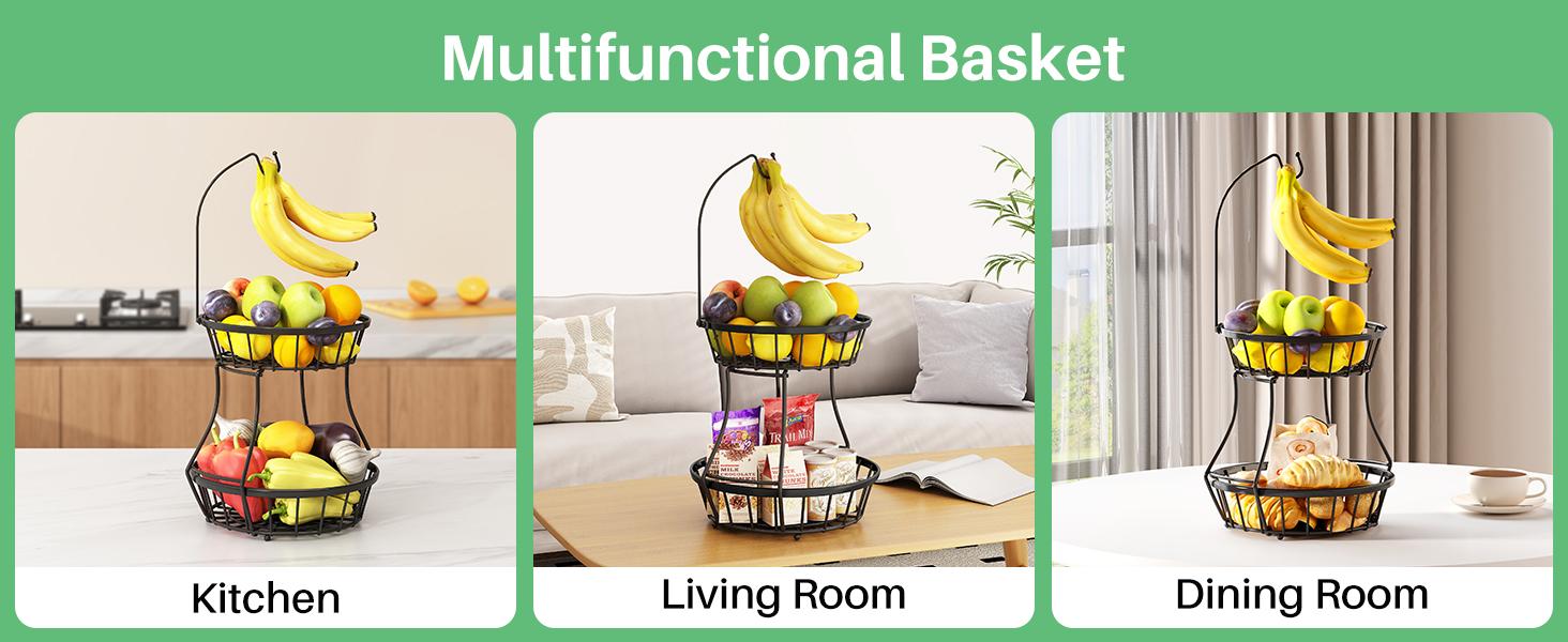 2-Tier Fruit Basket Bowl Stackable Vegetable Storage with Banana Tree Hanger Stand for Kitchen Countertop, Metal Wire Basket for Bread Onions Potatoes Black 2-Tier Fruit Basket Bowl Stackable Vegetable Storage with Banana Tree Hanger Stand for Kitchen Countertop, Metal Wire Basket for Bread Onions Potatoes Black