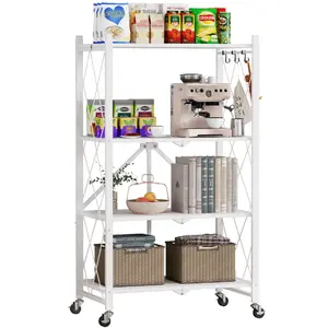 Metal Folding Storage Shelves 4-Tier with Wheels, 600Lbs Capacity, White Organiser Racks