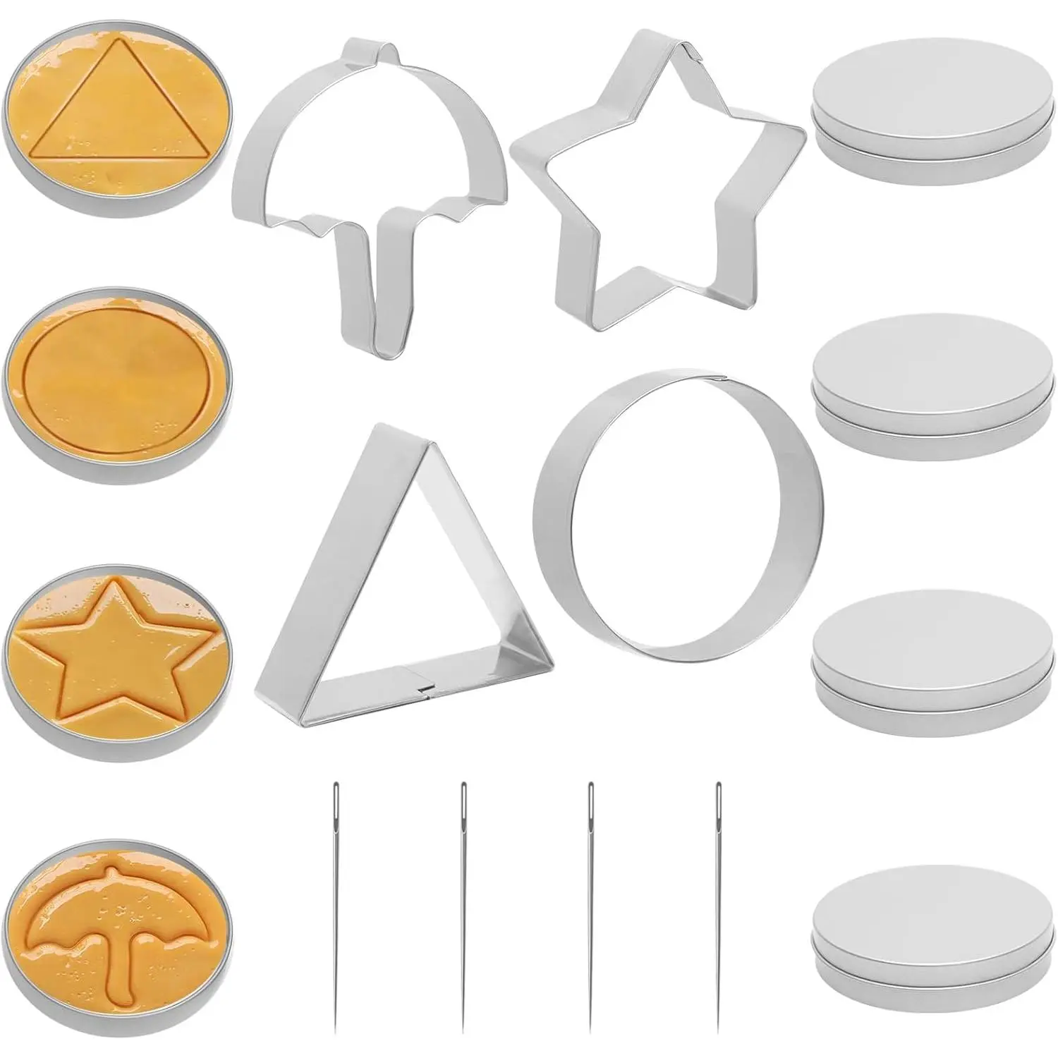 4 Set Korean Dalgona Cookie Kit, Squid Sugar  Cookie Set with Stainless Steel Round, , Umbrella, Triangle Cookie Cutters for DIY Baking & Home Party