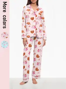 Women's Brunch Club Breakfast Print Pajama Set, Cartoon Pattern, Long Sleeve Top & Pants, Button Front, Casual Fall Winter Loungewear Sleepwear
