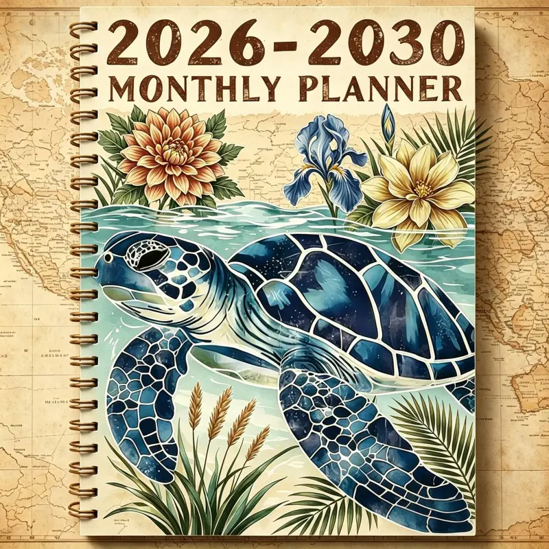 January 2026 - December 2030, 5-Year Monthly Planner, Spiral Planner, Colorful Turtle Theme Cover, Yearly Calendar Planning, Monthly Tabs, 60-Month Calendar, 5.5 x 8.3 inches, 71 Sheets / 142 Pages Thickened Paper, Elastic Cover, Durable Double Wire Spira