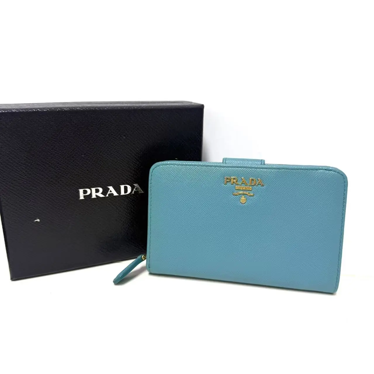 Pre-owned PRADA Saffiano Wallet Lampo Turquoise