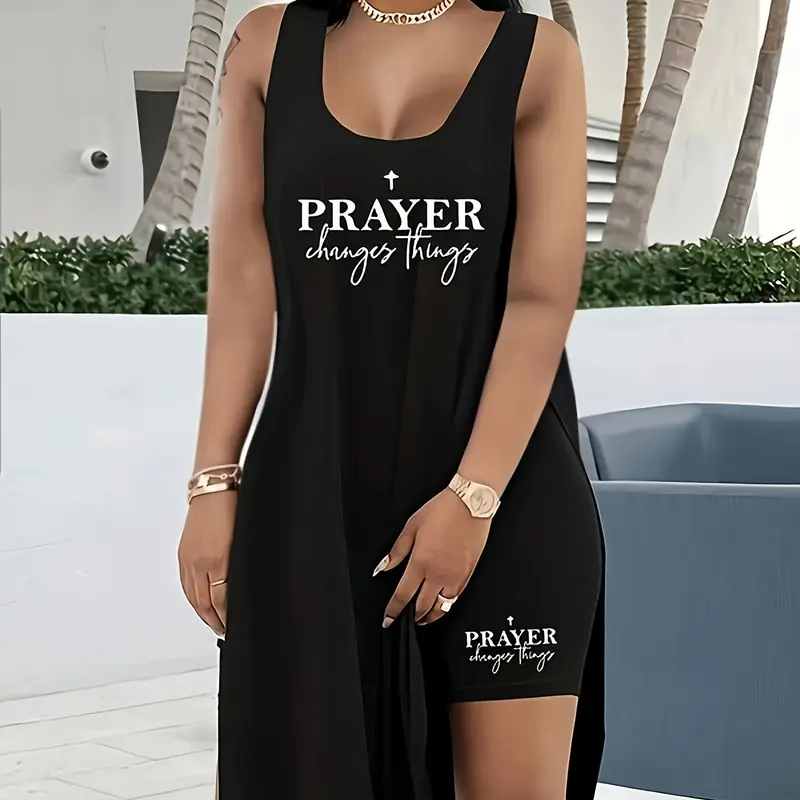 Women's Plus-Size 2-Piece Athleisure Set - Sleeveless Tank Dress Top, High-Waist Body-Slimming Butt-Lift Shorts, Lightweight Gym/Yoga Outfit, Athletic Workout Clothing, 3 Looks From 1 Set, Indoor Outdoor Sportswear