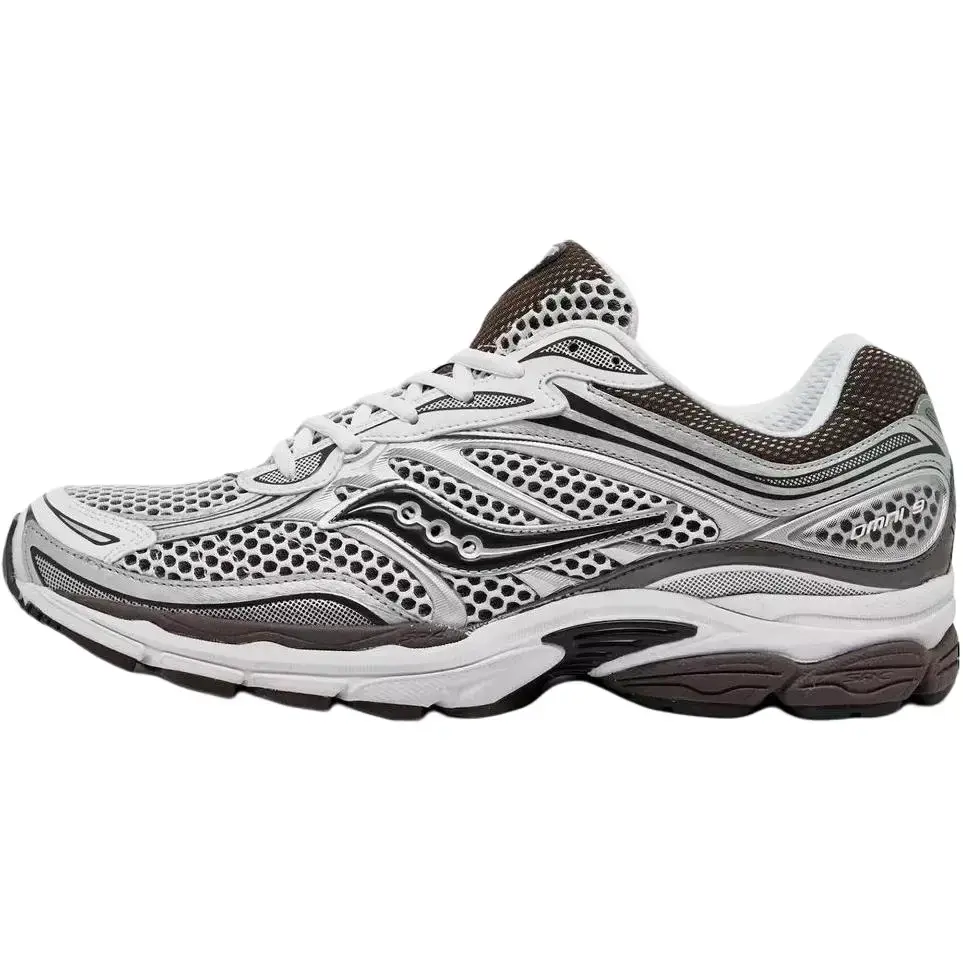 Men's Saucony Progrid Omni 9 Running Sneaker - White-Brown, Male Athletic Footwear with Progrid Cushion, Mesh Upper, Retro Look for Sports & Outdoor Use