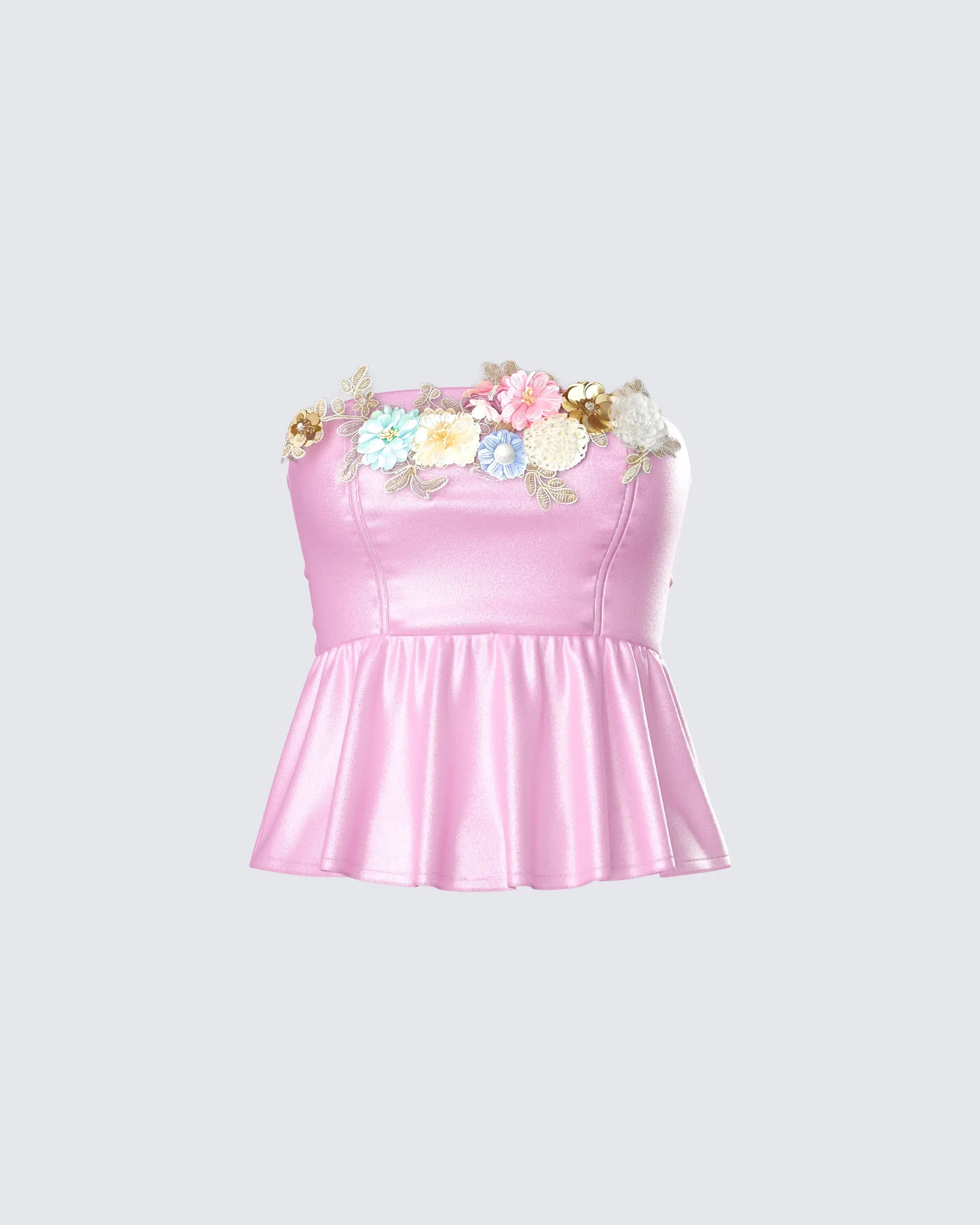 Women's Pink Satin Peplum Top, Fitted Strapless Bodice with 3D Metallic Floral Accents - Perfect for a Party, Spandex, Princess Vibes, Polyester Mix
