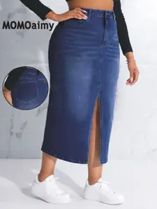 Women's Plus Size High Elasticity Fit Bodycon Jeans Skirt with Pockets and Slit, Four-Season Commuter Versatile Y2K Style Simple Long Jean Dress