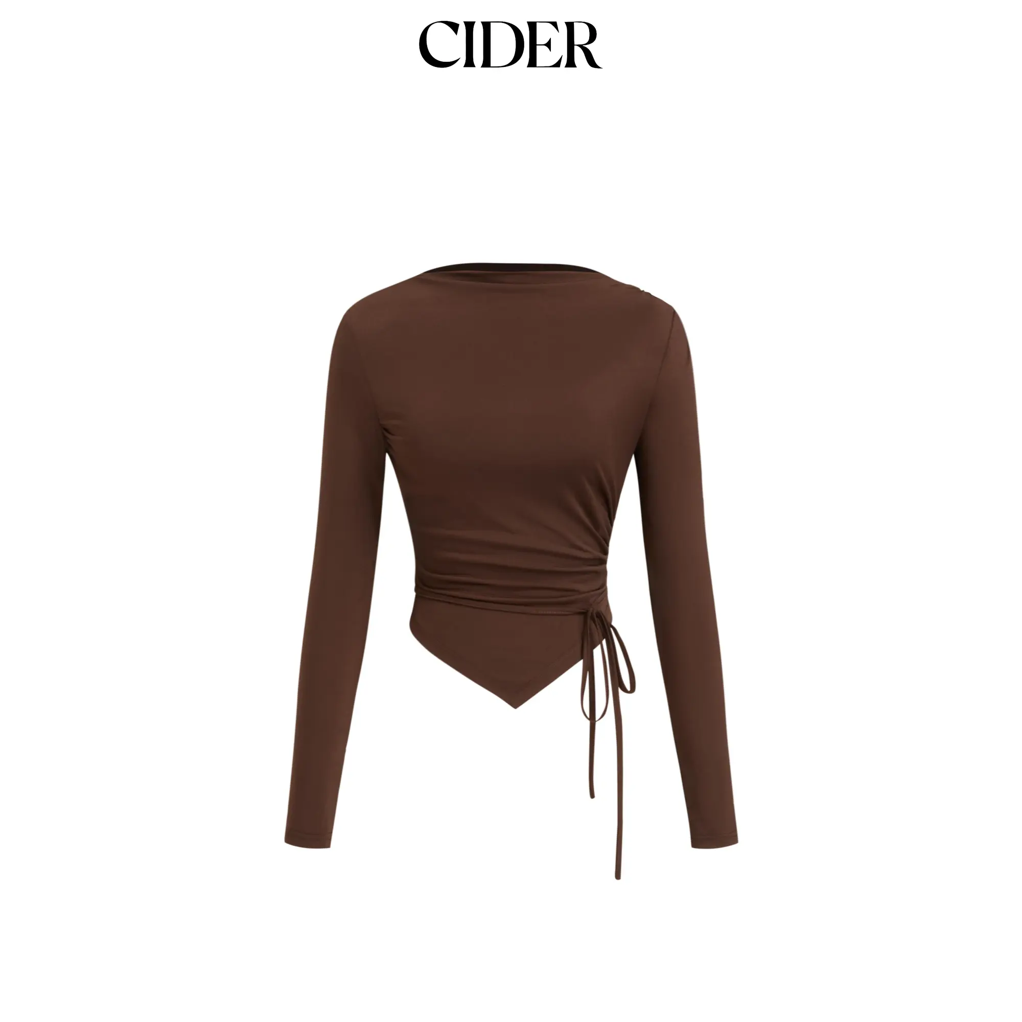 Cider Boat Neck Long Sleeve Ruched Tie Side Asymmetrical Hem Top