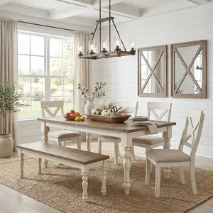 Prato 6-piece Dining table'set With Cross Back Chairs and Bench, Antique White and Distressed Oak