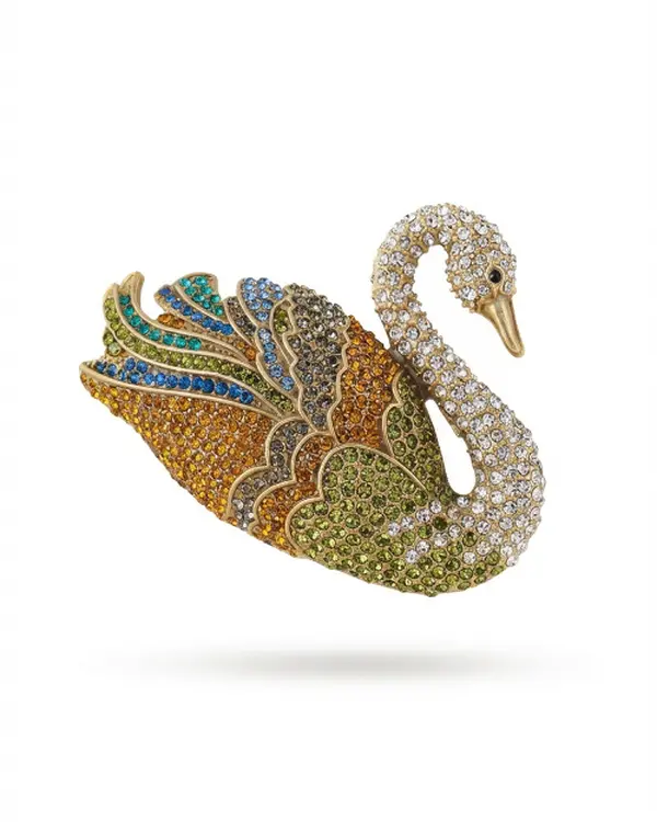 Luxury Statement Swan Brooch Pin Jewelry with Simulated Multicolor Gemstone in Yellow Gold over Brass