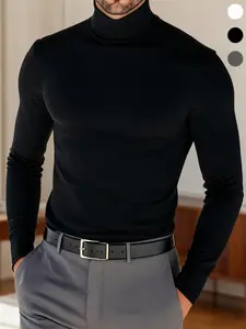 Men's High Neck Long Sleeve Plain Shirt, Simple Style, Slim Fit, Fitted, Available in and, Casual Inner Layer, Versatile Outerwear, Top, Menswear