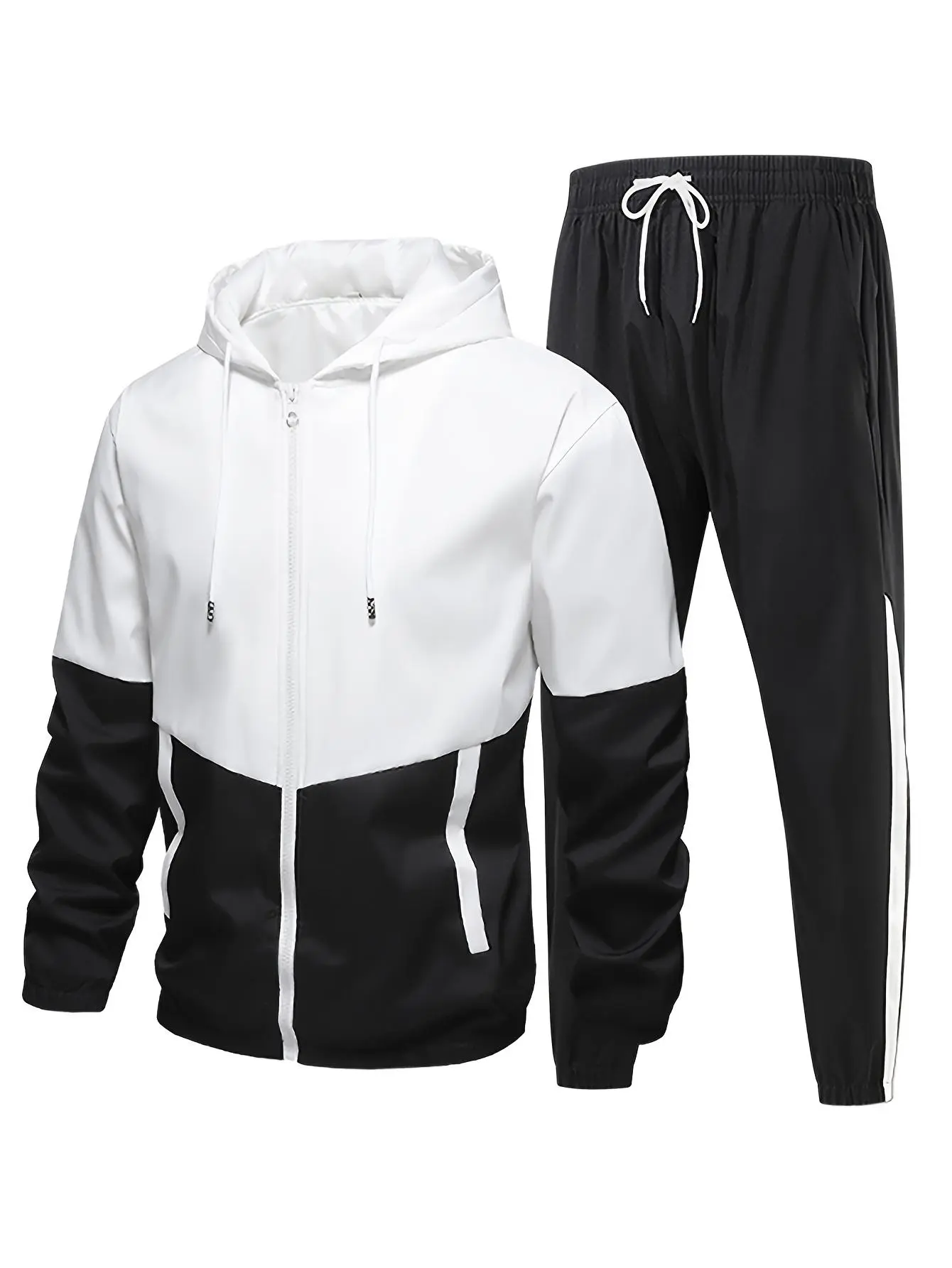 Men's 2-Piece Splicing Tracksuit Set - Polyester Sportswear with Hooded Top, Drawstring Below-the-Ankle Cuffed Pants, Ankle-Length Casual Sport Outfit