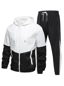 Men's 100% Polyester Splicing Hoodie Set - Long Sleeve Casual Sportswear with Elastic Drawstring, Cuffed-Ankle Track Pants, Versatile for Office Work, Sports