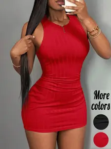 【Plus-Size】1 Piece Black Ribbed Sleeveless Bodycon Mini Dress, Sexy Clubwear Style, Stretchy Ruched Waist Detail & Sleeveless Design, For Curvy Women, Perfect for Night Out, Clubbing & Date Night, TikTok Viral Fashion