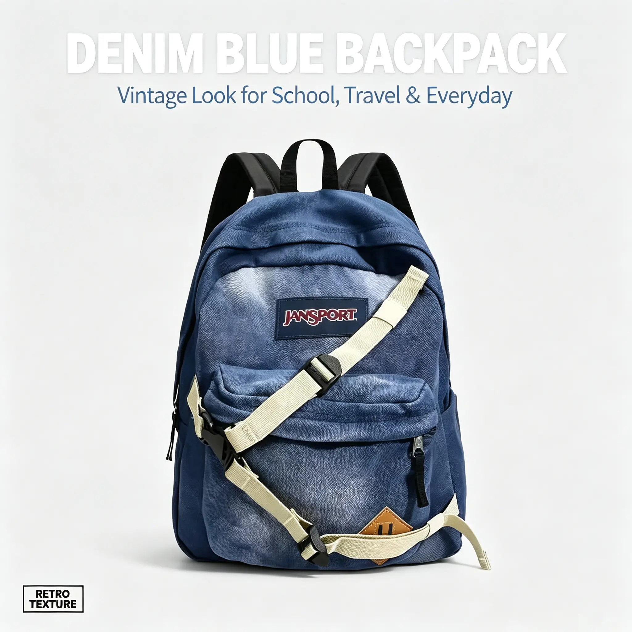 Classic Unisex Retro Washed Canvas JanSport-Style Backpack, Blue, Metal Zipper, Anti-Shake Chest Strap, Multi-Pocket Large-Capacity Laptop Bag for School Travel