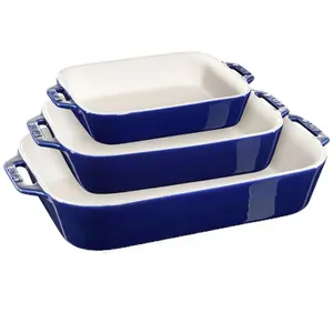 Staub Ceramics Ceramique Rectangular Baking Dish Set 3 Piece in Elegant Blue for Versatile Cooking Needs