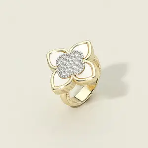 14K Gold Plated CZ Pave Center Mother of Pearl Floral Statement Ring