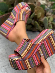 American Vintage Colorful Striped Stylish Wedge Heeled Sandals, Women's Short Height Increase Thick Sole Slippers, Summer Outdoor Platform Stiletto Shoes