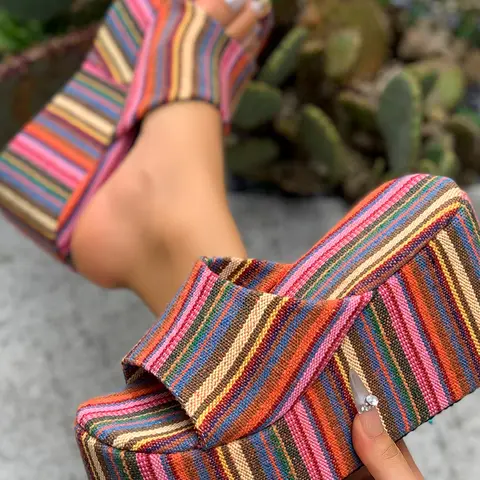 American Vintage Colorful Striped Stylish Casual Wedge Heeled Sandals, Women's Short Height Increase Thick Sole Slippers, Summer Outdoor Platform Stiletto Shoes