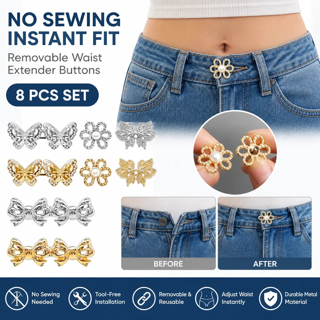 8pcs Zinc Alloy Crystal Butterfly Waist Buckles - Adjustable Detachable Gold High-Tech Finish Tightener with Card Slot, Won't Bend, No Belt Needed for Jeans - Tighten Pants, No More Saggy Pants, No Slipping, No Tools, Mid-Year Sale Restock, Removable & Re