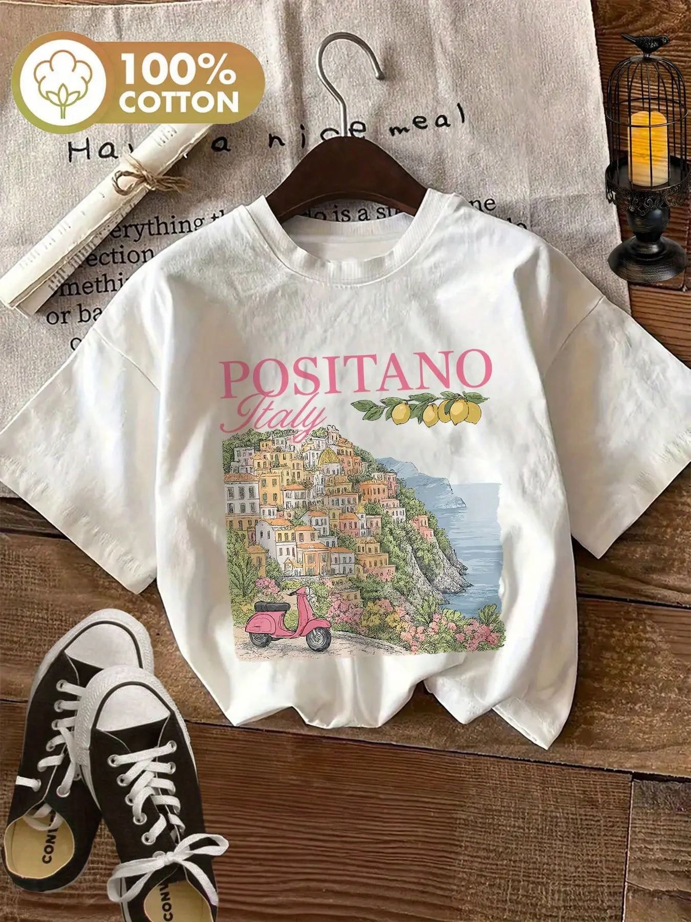 Women's Positano Italian Letter Retro Vintage Graphic Design Cotton T-Shirt, Short Sleeve Round Neck, Loose Fit, Casual Style, Spring Summer Travel Top, Graphic