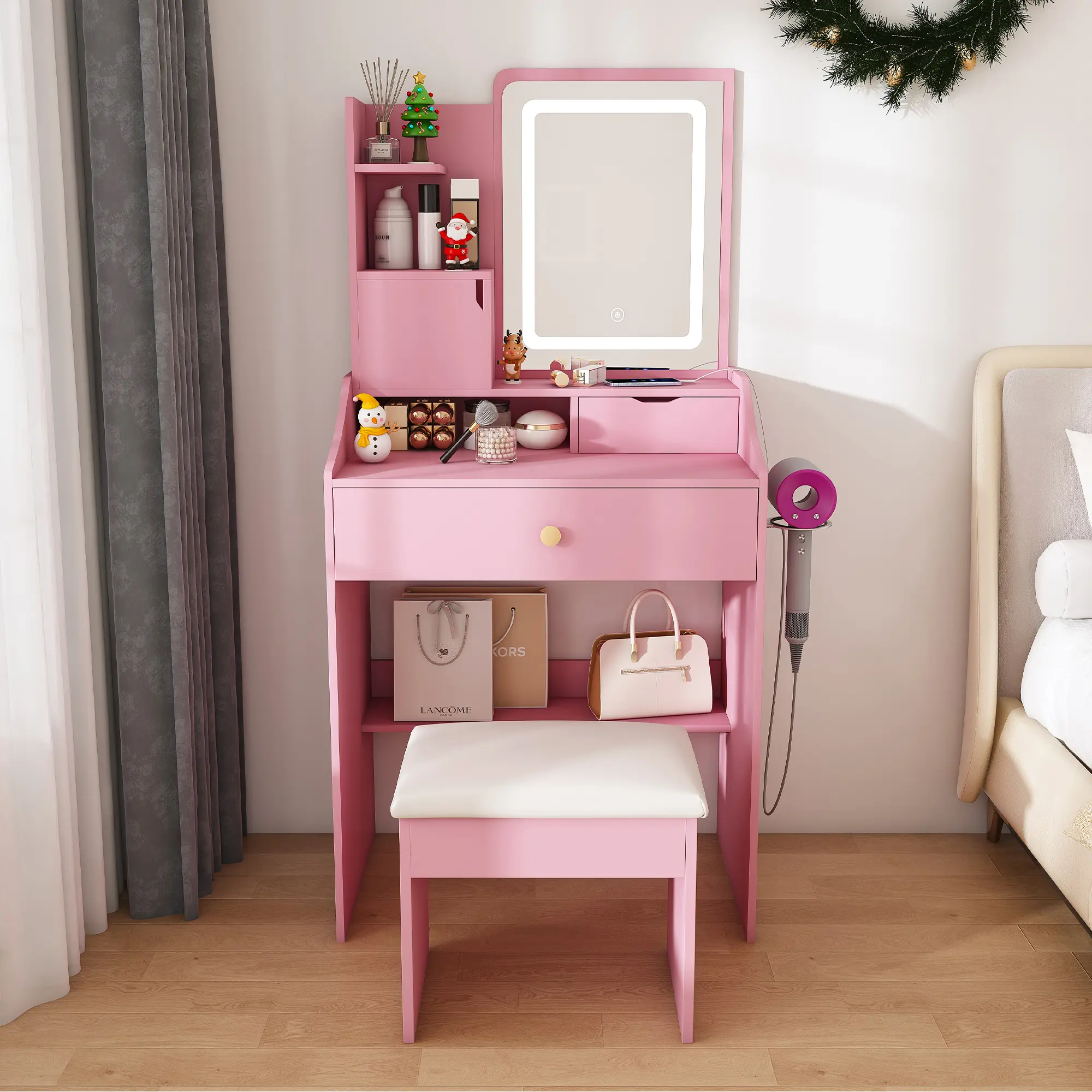 Furniture-Style Mirrored Built-In Simple LED-Accented Dressing Table with 2 Drawers, 5 Storage Cabinets (4 Open + 1 Hidden), 3-Color LED Mirror, Stool & Adjustable Lighting for Bedroom, Furniture-Style Dressing Tables, Built-In Dressing Tables