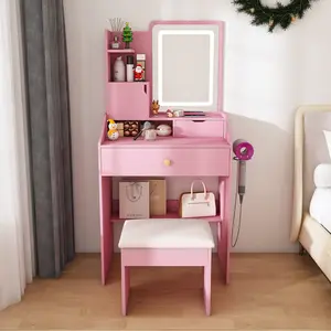 Vanity Table with 2 Drawers & 5 Storage Cabinets (4 Open + 1 Hidden), 3-Color LED Mirror Dressing Set with Stool, Adjustable Lighting Makeup Desk for Bedroom