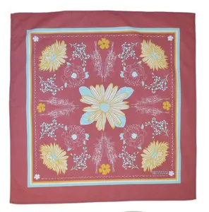 Flower bandana - Calendula Blossom - Brick Color - Neckerchief - Handkerchief - 100% Cotton - Hand Screen Printed -  22" x 22"