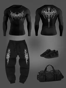 Men's Gothic Pattern Long Sleeve T-Shirt and Pants Set, Spring & Fall Outdoor Fashion, Casual Comfortable Street Style, Fitted