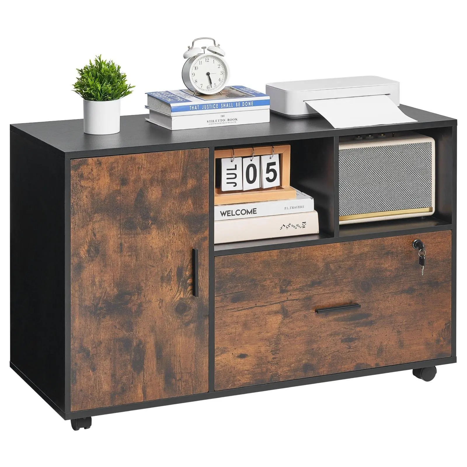 Rustic Brown Lateral Wood File Cabinet - Mobile Lockable Filing Storage with Open, Adjustable Shelves, Free-Standing Printer Stand for Home, Office Use