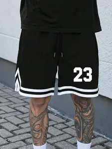Men's 23 Number Basketball Shorts, Streetwear Sports Shorts, Breathable Athletic Gym Shorts with Striped Trim, Casual Workout & Street Style Bottoms, Trendy Hip Hop Fashion Mesh Shorts for Everyday Wear, High-Performance Streetwear for Men