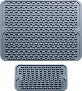 Silicone Dish Drying Mat - 2 Packs of Non-Slip Silicone Mat Easy Clean Drying Mat Large Heat-Resistant Dish Drainer Mat for Kitchen Counter, Sink, Refrigerator or Drawer Liner(16"X12", 12''X 6'' GREY) AOJOYS