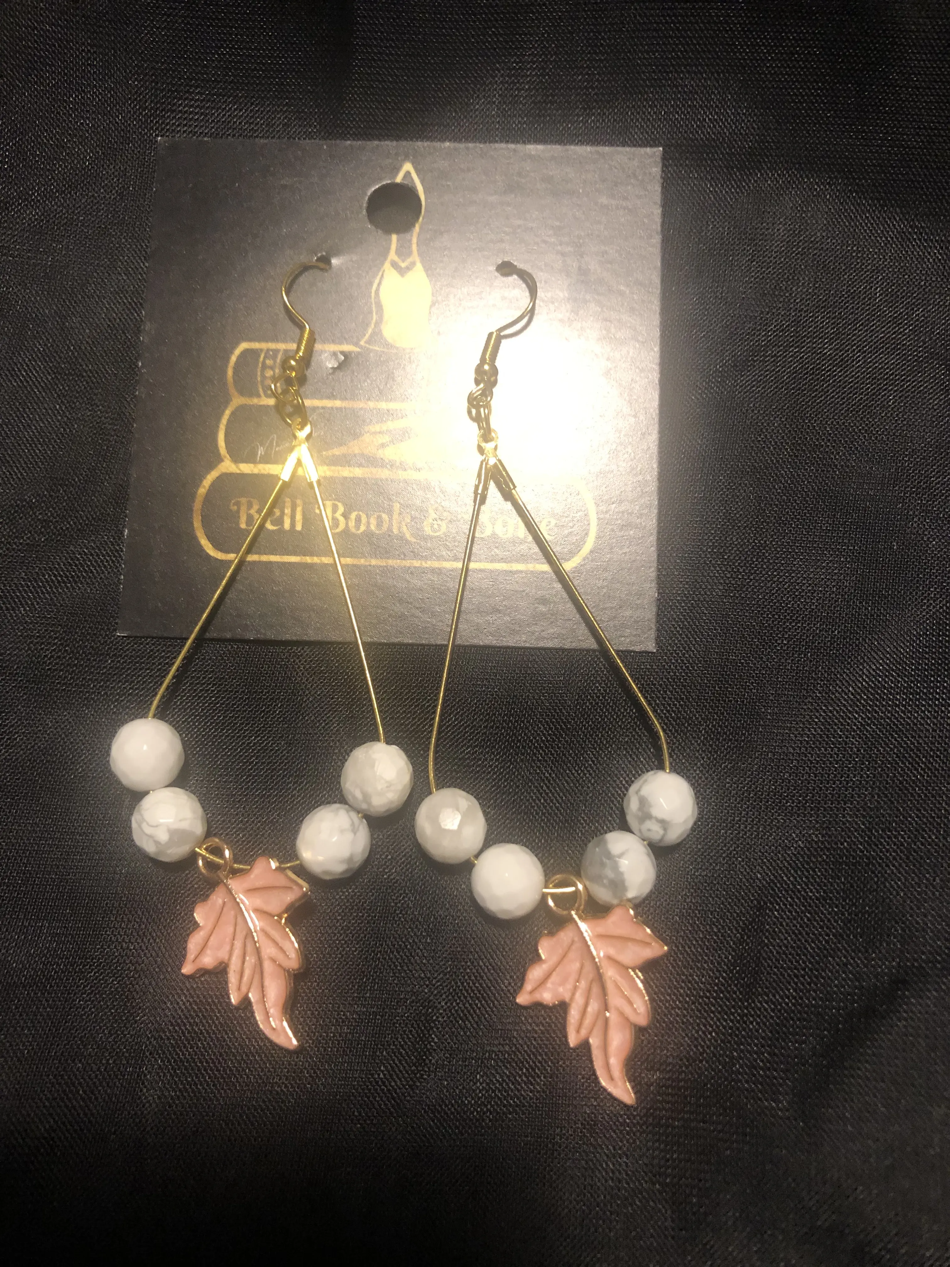 Howlite and pink leaf earrings for protection and self love