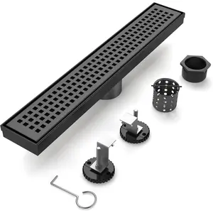 12-Inch Matte Black Linear Shower Drain, 304 Stainless Steel Long Linear Drain with Quadrato  Grate, Rectangle Shower Floor Drain with Adjustable , Hair Strainer, Fits Bathroom, Balcony